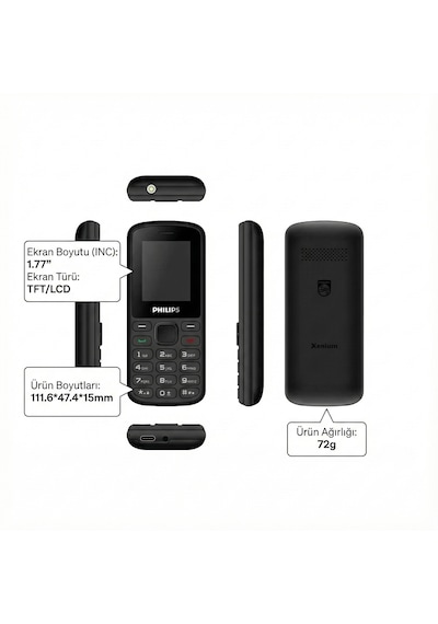 Philips E2101p Çift Sim Kartlı Tuşlu Cep Telefonu Siyah