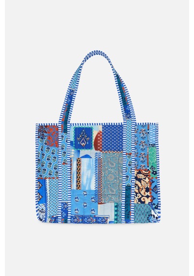 İcone Bag Patch Yama Desen Baskılı Kapitoneli Plaj Çantası, İçi Çizgili Baskılı Shopper Çanta, Pembe Plaj Çantası Mavi