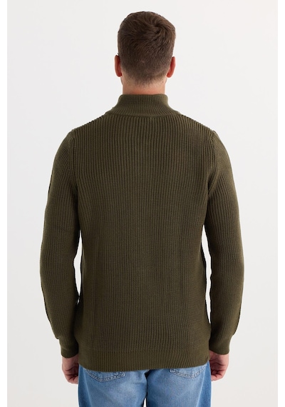 Tudors Erkek Slim Fit Dar Kesim Fermuarlı Haki Dik Yaka Triko Kazak-34923 Haki