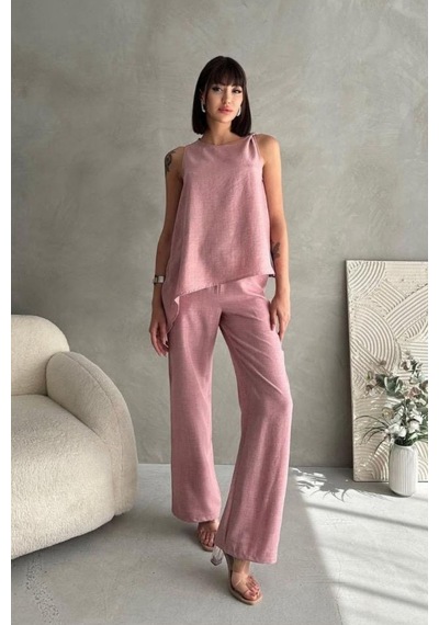 By Saygı Kadın Toka Detaylı Eteği Asimetrik Bluz Beli Lastikli Cepli Palazzo Pantolon Keten 2'li Takım Pudra By Saygı Kadın Toka Detaylı Eteği Asimetrik Bluz Beli Lastikli Cepli Palazzo Pantolon Keten 2'li Takım Pudra