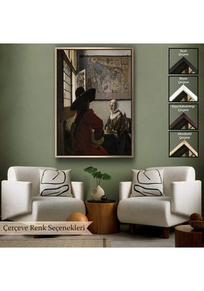 Çerçeveli Johannes Vermeer - Memur Ve Gülen Kız Tablo - Officer And Laughing Girl-7366