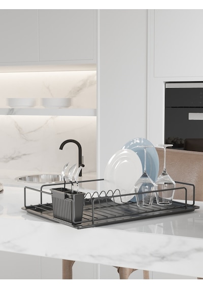 Sas Haus Premium Siyah Tek Katlı Bulaşıklık, Dayanıklı Paslanmaz Termoplastik Kaplama Tepsili, Kaşıklıklı Siyah