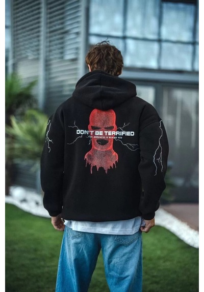 Assema Erkek Üç İplik Kapüşonlu Baskılı Oversize Sweatshirt- Siyah Çok Renkli