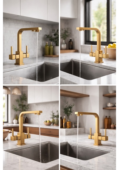 Rena Design Mat Gold Aritmali Mutfak Eviye Bataryasi 3 Yollu Kare Mutfak Musluk Prinç Garantili Altin Armatür