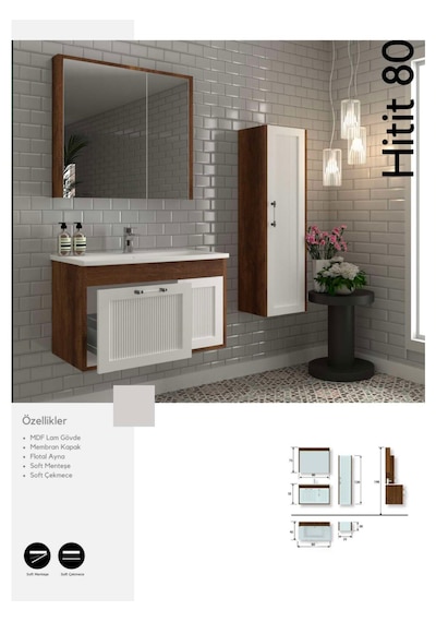 Evros Hitit 80 cm Banyo Mobilya Beyaz - Siyah
