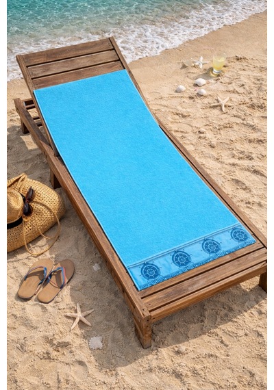 Turkuaz Plaj Havlusu %100 Pamuk Sertifikalı Gemi Dümeni Desenli Havuz Havlusu Üstün Emici 75x150cm