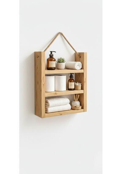 Doğal Ahşap Banyo Rafı - 3 Katlı Duvar Rafı - Askılı Dekoratif Raf 60x30 Cm Bej