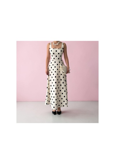 Fleurs Chic Puantiyeli Maxi Elbise Ekru