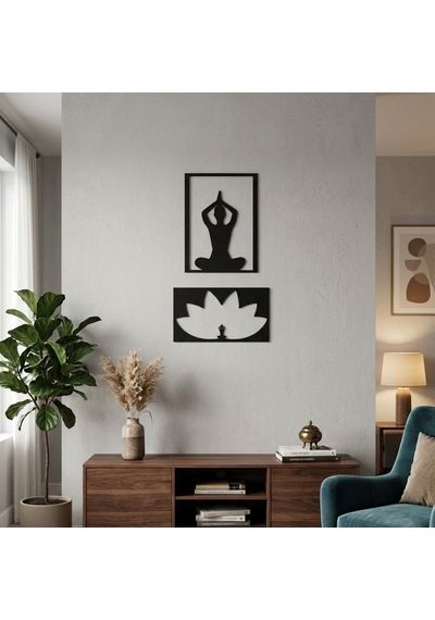 Yoga Ve Meditasyon Temalı Ahşap Tablo Seti Siyah