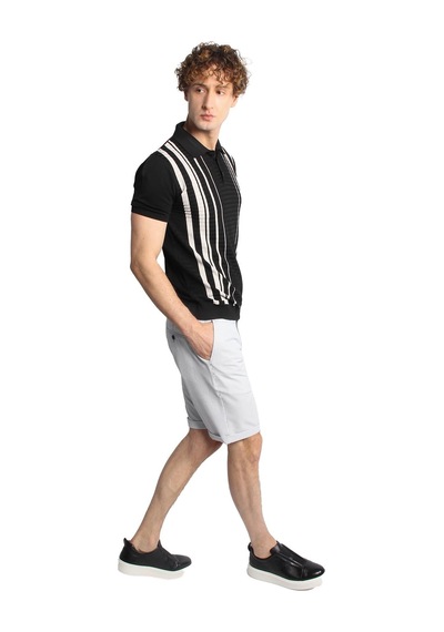 İgs Siyah Slim Fit Dar Kalıp Düğmeli Polo Yaka Desenli Kısa Kollu Triko Tişört-16315
