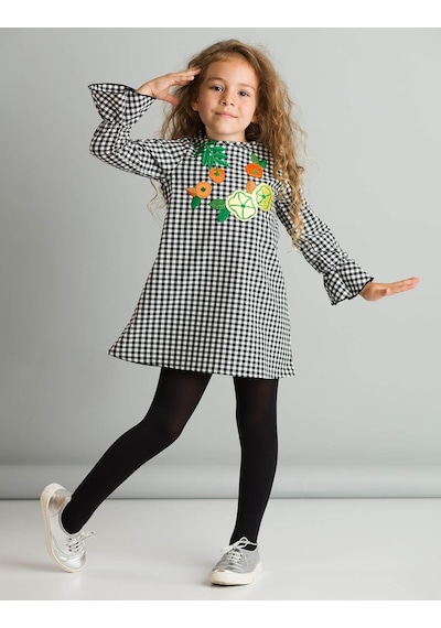 Denokids Mushi Floral Ekose Elbise Siyah