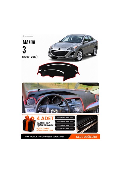 Mazda 3 2009-2013 Uyumlu Torpido Koruma, Torpido Örtüsü, Torpido Kılıfı - Siyah Kırmızı