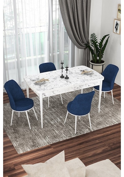 Canisa Kor Serisi 70x114 Açılabilir Mutfak Masası Takımı Beyaz Mermer Desen Masa 4 Lacivert Sandalye Masa Beyaz Mermer Desenli Sandalyeler Lacivert
