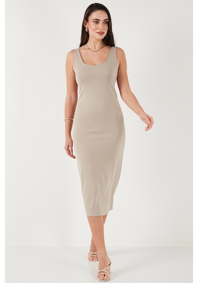 Lela Slim Fit Kalın Askılı Midi Bayan Elbise 5866154 Taş