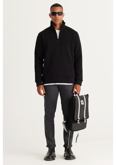 AC&Co / Altınyıldız Classics Standart Fit Normal Kesim İçi Polarlı Bato Yaka Pamuklu Erkek Sweatshirt Siyah