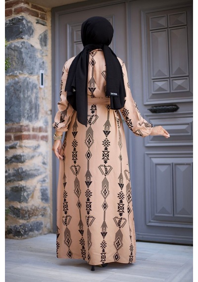 Hira Life Fashion Kadın Tesettür Geometrik Desen Önü Düğmeli Ve Bel Kuşaklı Viskon Elbise Vizon Vizon Hira Life Fashion Kadın Tesettür Geometrik Desen Önü Düğmeli Ve Bel Kuşaklı Viskon Elbise Vizon Vizon