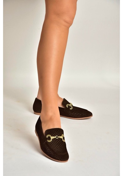 Fox Shoes Y291262402 Kahverengi Süet Toka Detaylı Kadın Babet Kahverengi