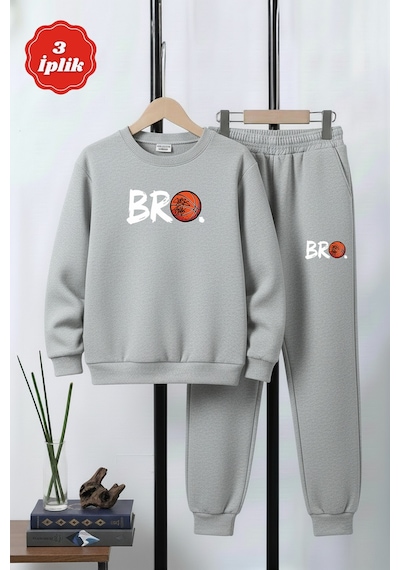 Fyk Kids 3 İplik Kalın Yuvarlak Yaka Bro Basketbol Baskı Detaylı Kışlık Erkek Çocuk Eşofman Takımı Gri