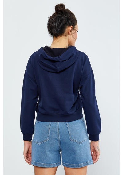 Tommy Life İndigo Uzun Kol Rahat Form Kapüşonlu Kadın Sweatshirt - 97115 İndigo