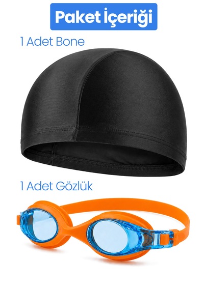 Set Yüzücü Gözlüğü Kumaş Bone Set Yüzme Havuz Deniz Gözlüğü Ve Bone Turuncu
