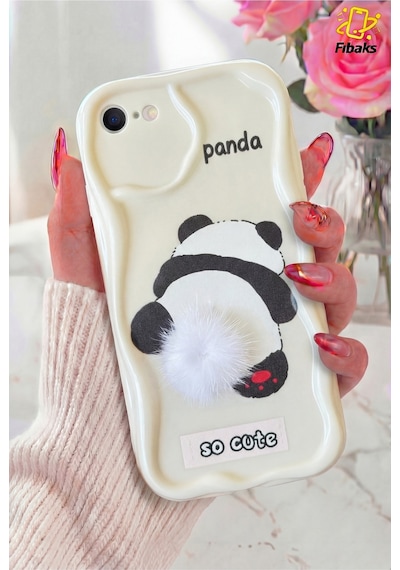 Fibaks iPhone 7/8/se Uyumlu Kılıf Tasarımlı Desenli Kamera Korumalı Panda Beyaz Püsküllü Silikon Kapak