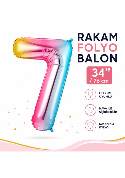 7 Rakam Folyo Balon Gökkuşağı 34 İnç 76 Cm Doğum Günü Parti Balonu Çok Renkli