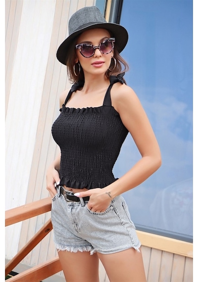 Aqe Fashion Omuz Bağlamalı Gipeli Kolsuz Siyah-Siyah