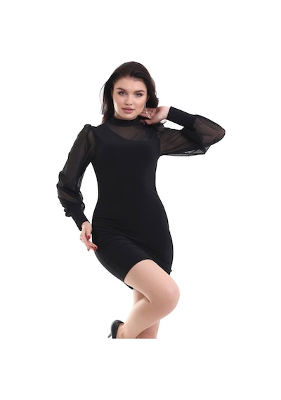 Tua Moda Kadın Balıkçı Yaka Transparan Detay Fırsat Ürün Sandy Kumaş Mini Elbise Siyah