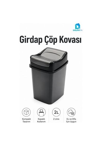Girdap Kapaklı Çöp Kovası 2 Litre Siyah Kompakt Masaüstü Banyo Ofis Çöp Kutusu