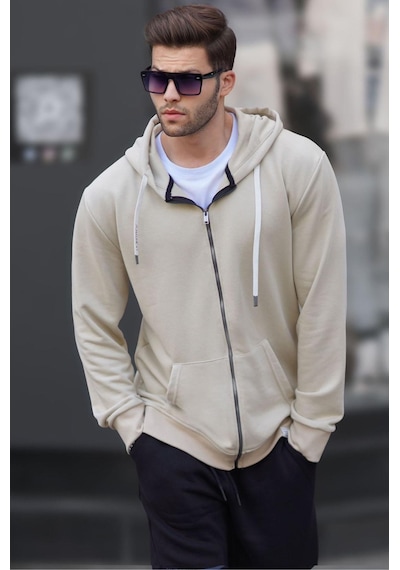 Madmext Bej Fermuarlı Kapüşonlu Sweatshirt 6161-bej Bej