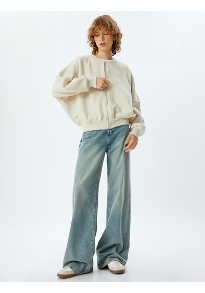 Koton Oversize Fermuarlı Sweatshirt Dikiş Detaylı Bisiklet Yaka Bej 5wal10014ık Ekru