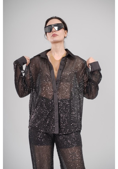 Mayrem Oversize Kesim Pul Payet Gömlek SİYAH