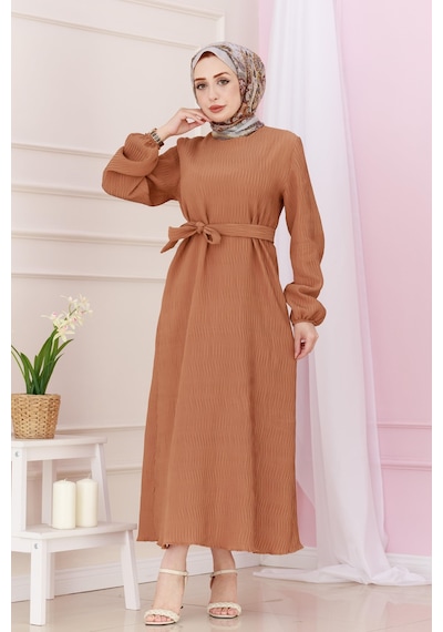 Sevitli Beli Kuşaklı Luna Tesettür Elbise-taba-4889 Taba