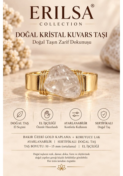Sertifikalı Kristal Kuvars Taşı Doğal Taş Yüzük Gold Kaplama Bakı Çok renkli