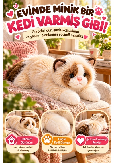 Krem Gerçek Kedi Görünümlü Pelüş Kedi 50 Cm Uzun Tüylü Yumuşacık Sarılmalık Dekoratif Oyuncak Kedi