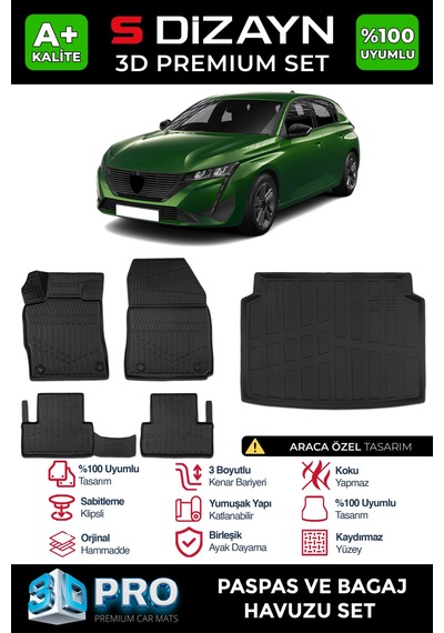S-dizayn Peugeot 308 3d Pro Havuzlu Paspas Ve Bagaj Havuzu Seti 2'li Set 2022 Üzeri A+ Kalite