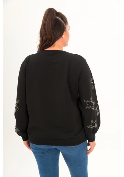 Aytemas Kolları Yıldız Taş Baskılı Sweatshirt Siyah