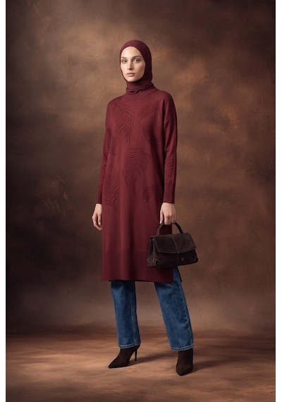 Armine Trend Yaprak Desenli Bisiklet Yaka Uzun Kollu Fitilli Detaylı Tunik Bordo 26ktd408