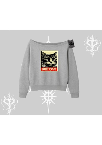 Startmore Meow Yazılı Kedi Portre Baskılı Kayık Yaka Sweatshirt Gri