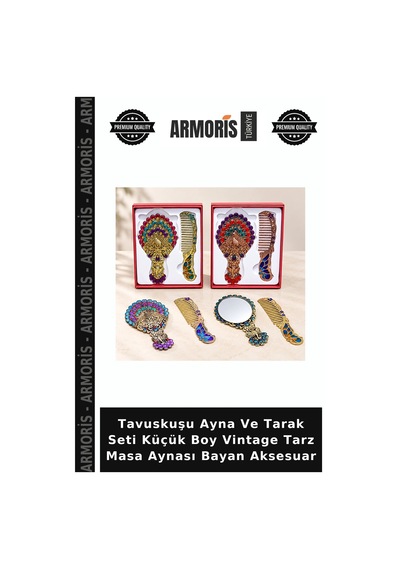 Tavuskuşu Ayna Ve Tarak Seti Küçük Boy Vintage Tarz Masa Aynası Bayan Aksesuar Çok Renkli