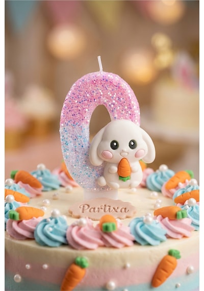 Sevimli Tavşan Figürlü Pembe-beyaz Rakam Mum Doğum Günü Pasta Süsü