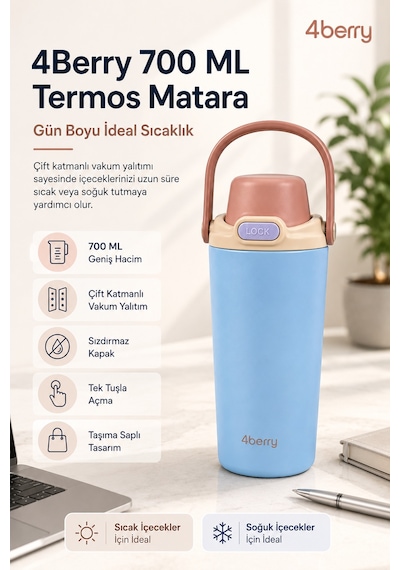 4berry 700 Ml Termos Matara Çift Cidarlı Vakum Yalıtımlı Sıcak Soğuk Tutan Sızdırmaz Kapaklı - Mavi