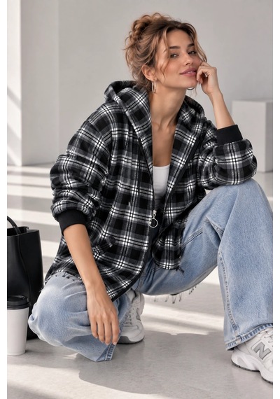 Bb Butik Basic Kapüşonlu Fermuarlı Oversize Ekose Oduncu Gömlek Ceket Kadın Rahat Mevsimlik Günlük Tr0935 Siyah
