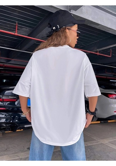 Startmore Kadın Siyah Oversize %100 Pamuk Endless Baskılı T-shirt Beyaz