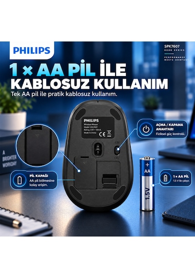 Philips SPK7607 Kablosuz 2.4GHz + Bluetooth 3200 DPI 7 Tuşlu Sessiz Mouse