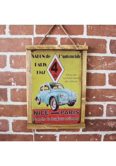 Rustik Ahşap Çerçeveli Vintage Metal Pano Nice Paris 20x30