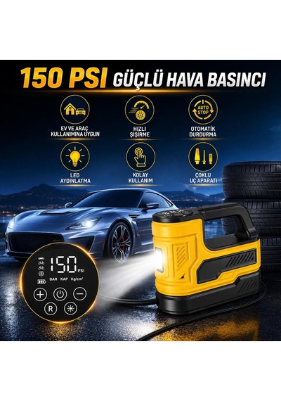 Tr Araç Lastik Hava Kompresörü 150 Psı Taşınabilir Dijital Göstergeli Led Işıklı Hava Pompası Çok Amaçlı Ş