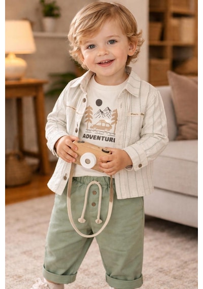 Babyhola Erkek Bebek Bayramlık Takım Araba Baskılı Müslin Kumaş Set 2215 Yeşil