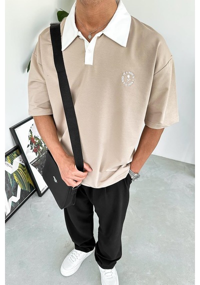 Krem Rose Polo Yaka Outplenty Premium Oversize Tişört Krem