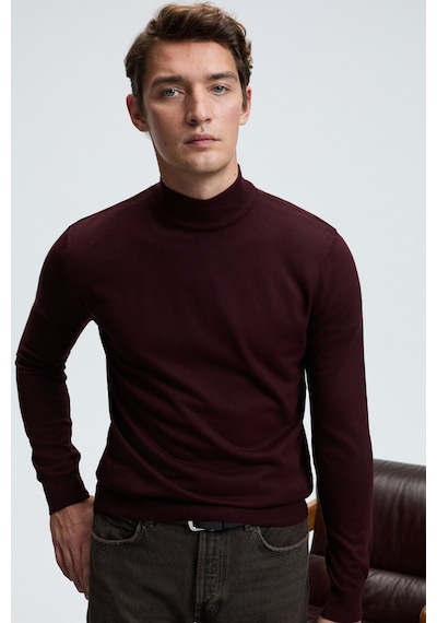 Grimelange REBEL Erkek Yarım Balıkçı Yaka Basic Slim Fit Triko Bordo Kazak